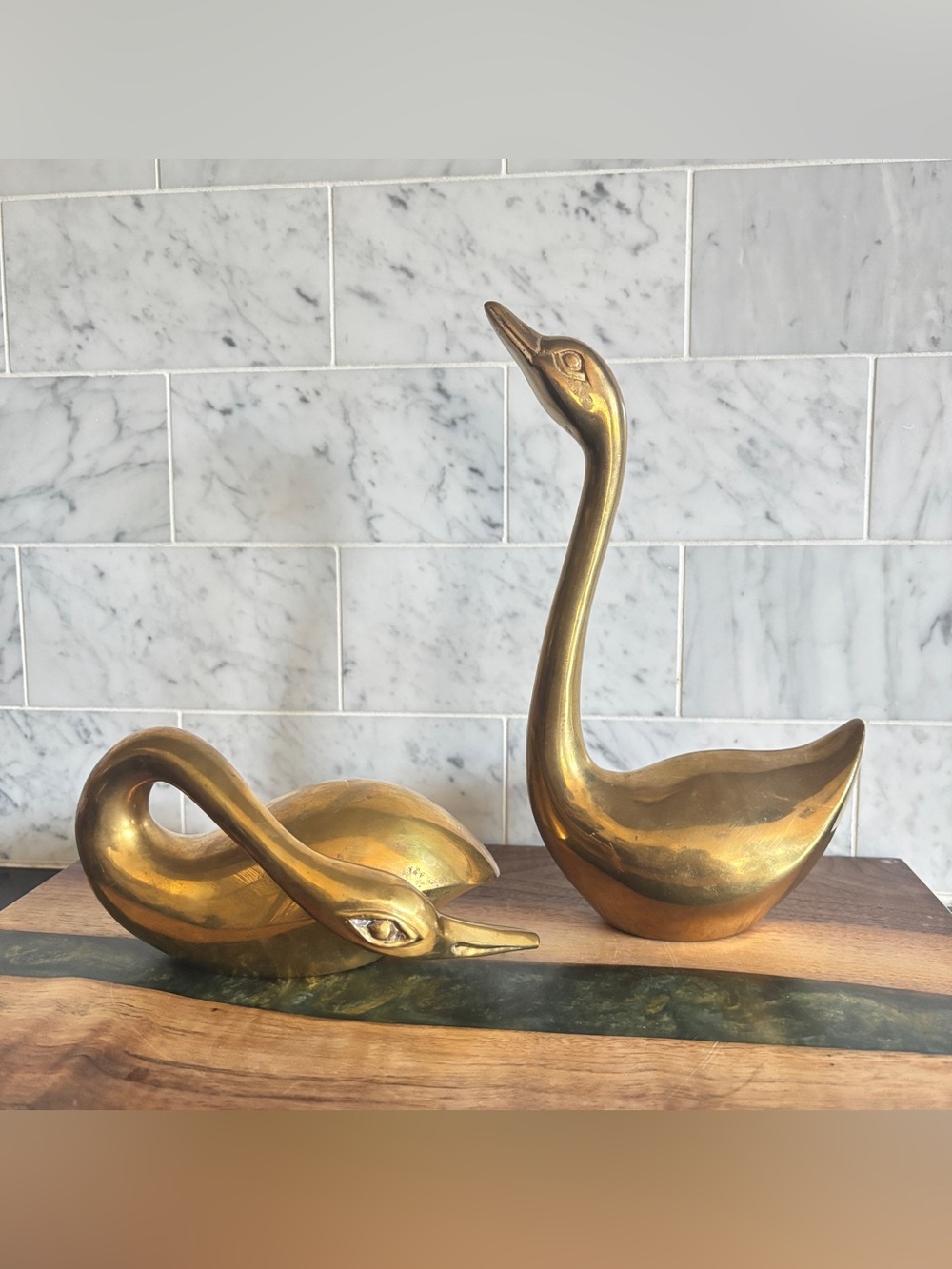Vintage Pair of Mid Century 8.5” Brass Swan Figurines